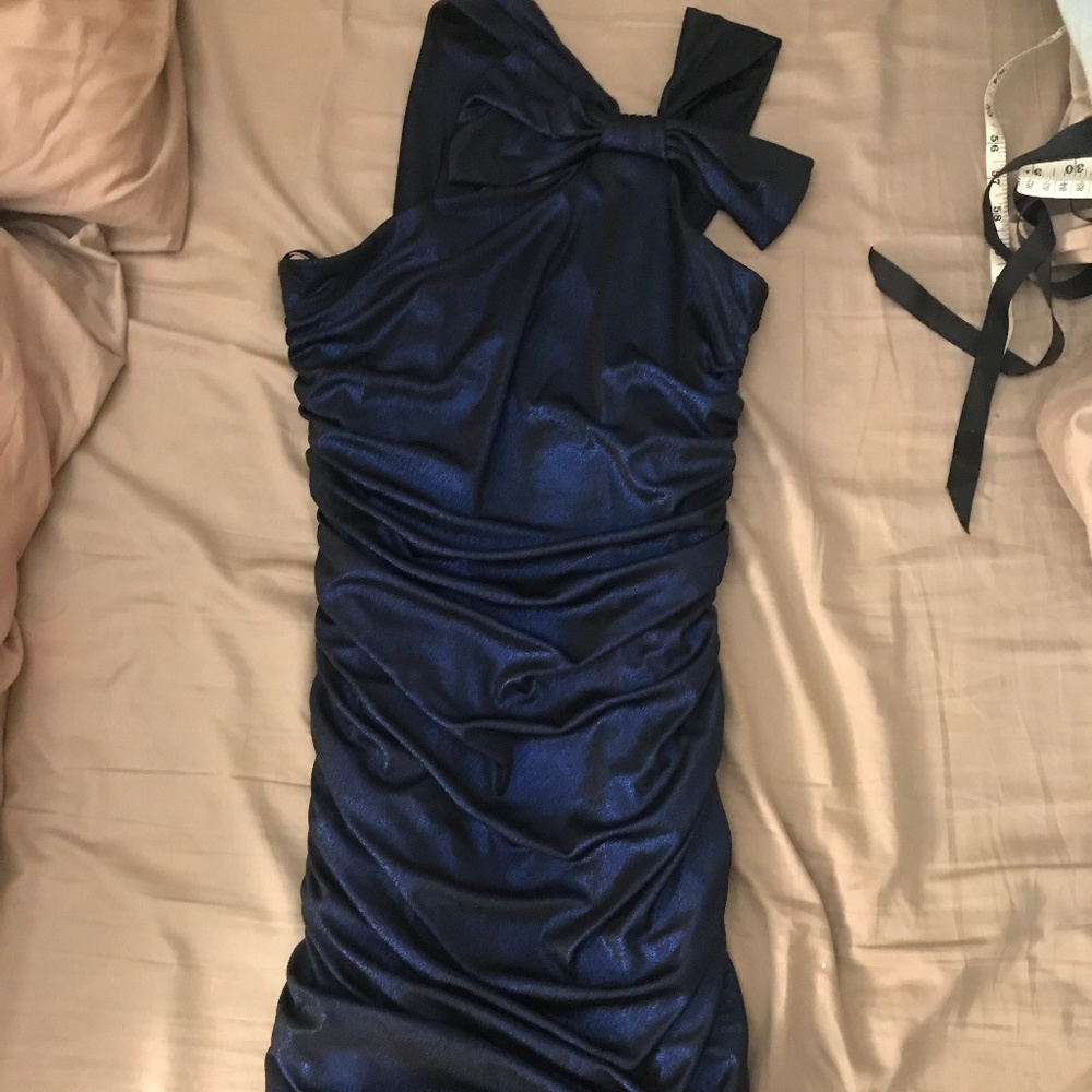 Metallic Navy Ruched, One shoulder, BodyCon Dress
